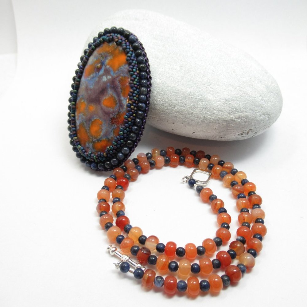 Artisan Cabochon Necklace on Carnelian and Sodalite